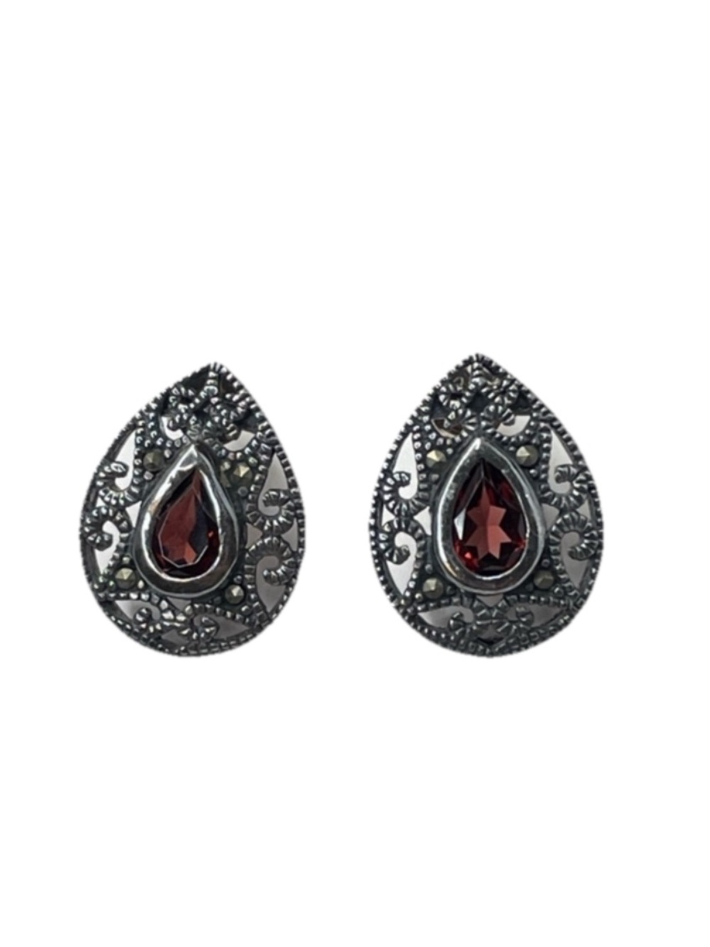 Vintage Sterling Silver Open Scroll Work Surrounding Red Gem Earrings